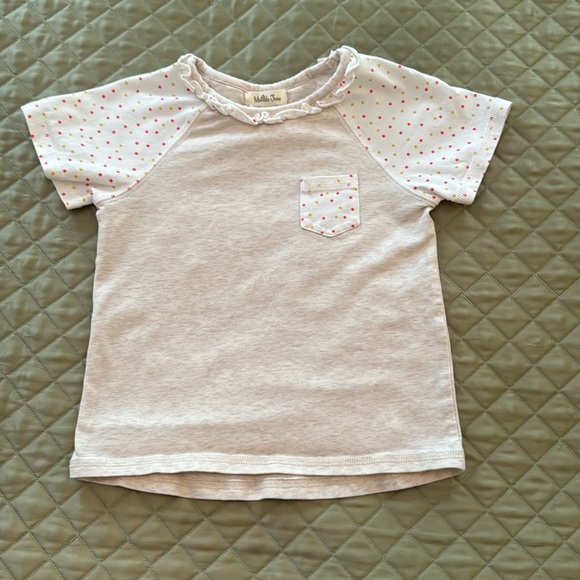 Girls MJ cotton tee with ruffle trim collar, and polka dot sleeves/ pocket - Picture 2 of 5